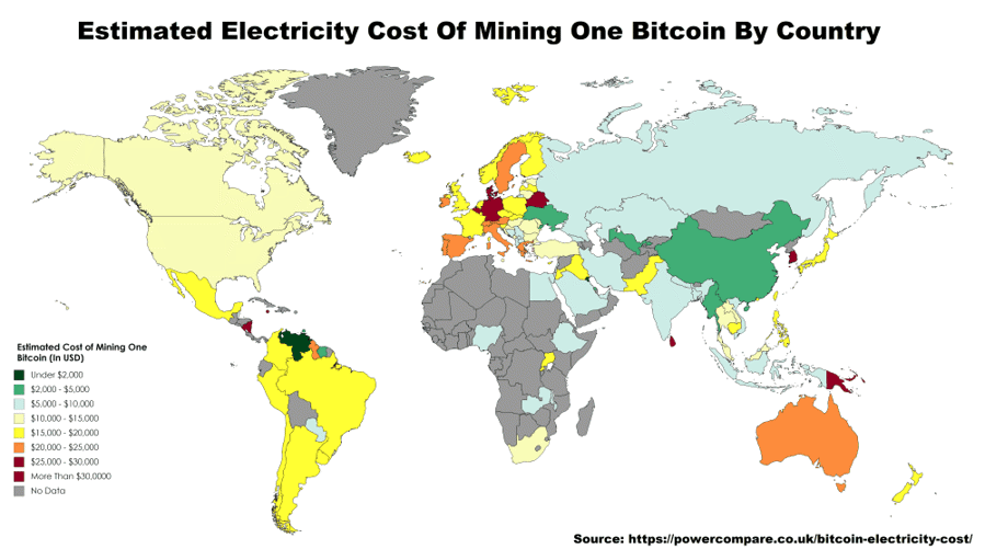 A map showing estimated cost of mining one Bitcoin by country.
