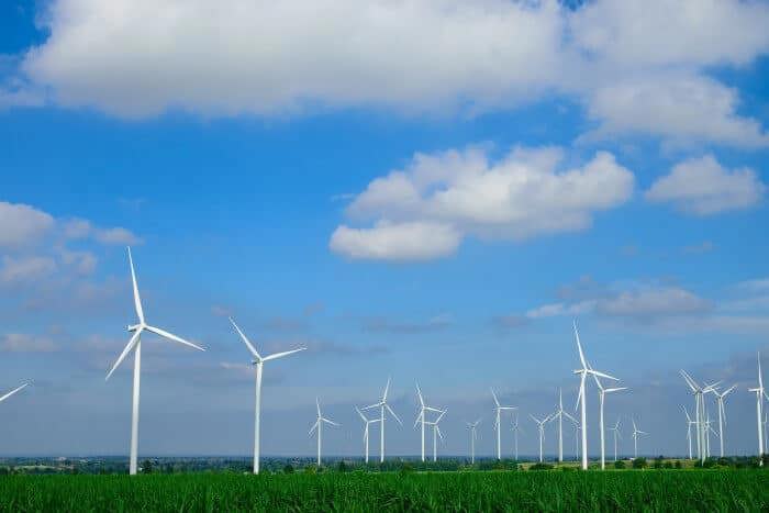 Wind power farm generating renewable electricity.
